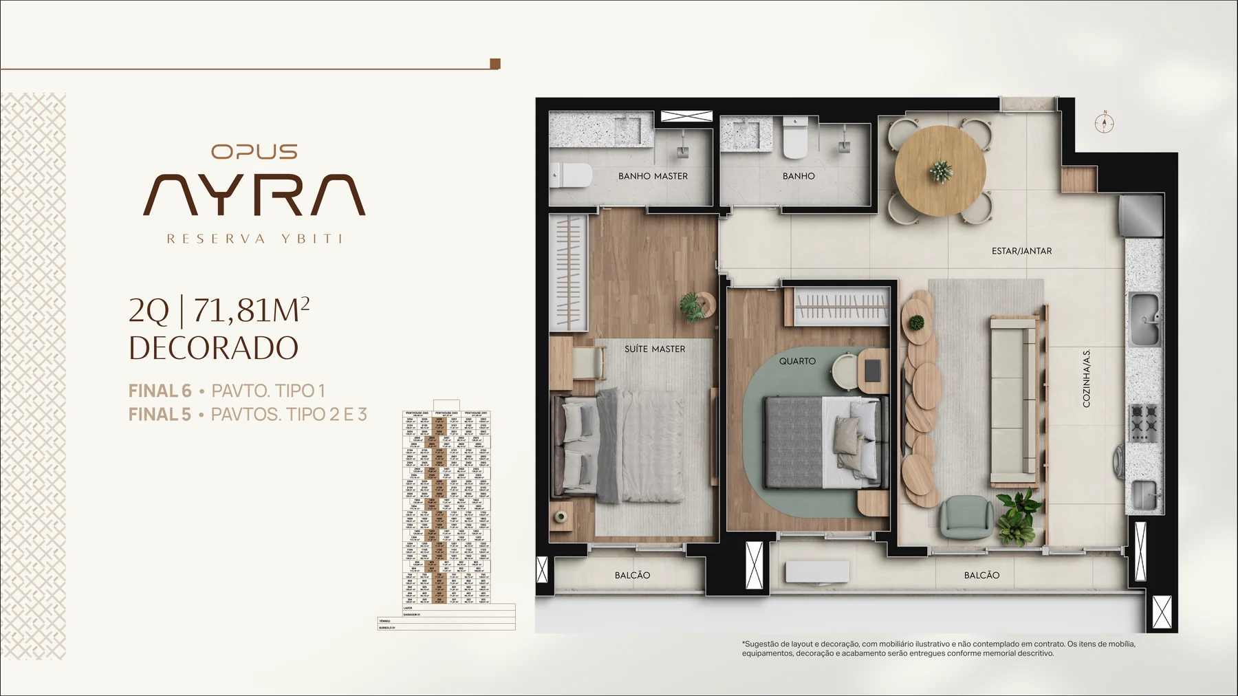 Planta 2 quartos decorado - 71,81 m²