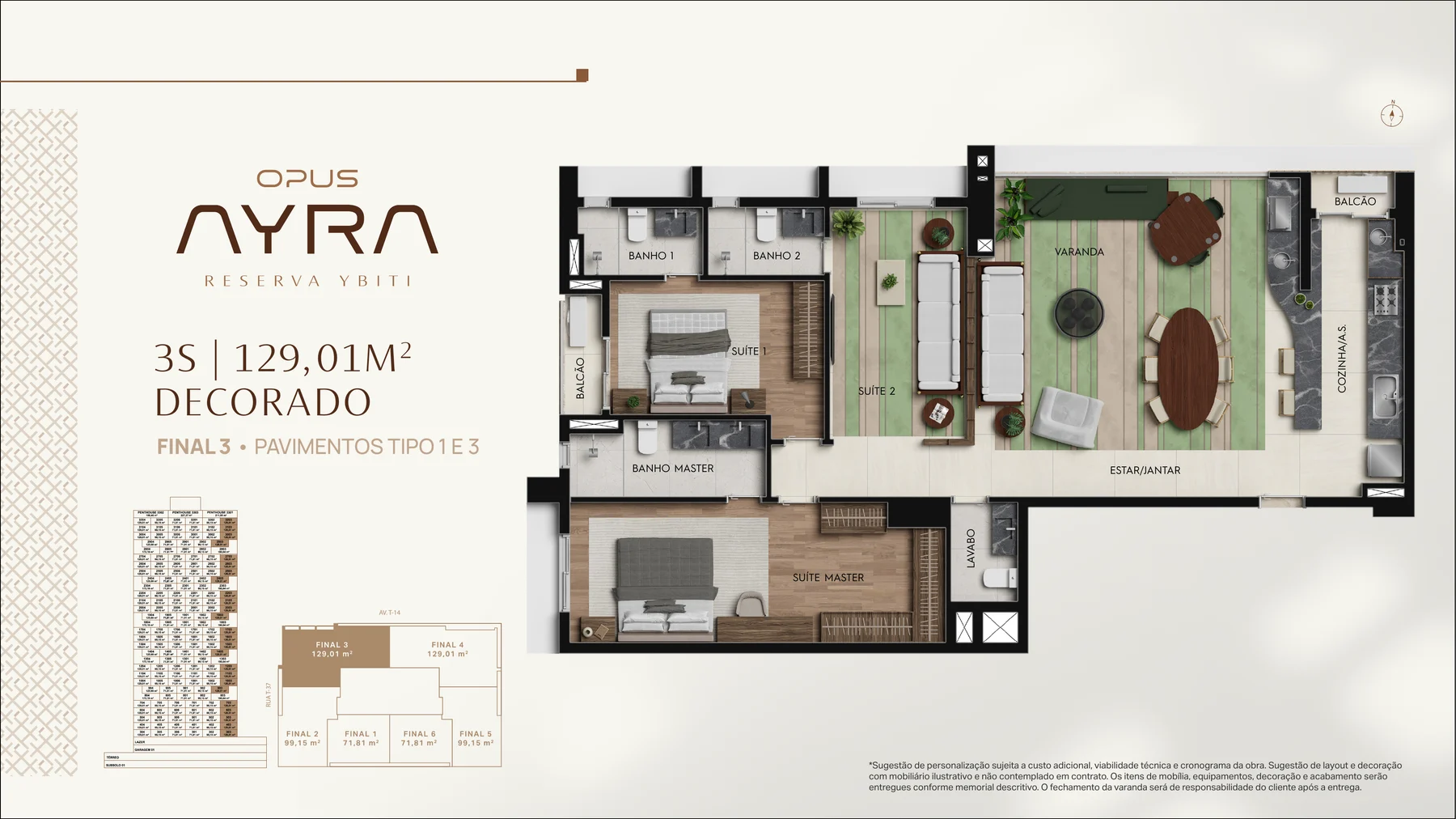 Planta 3 suítes decorado - 129,01 m²